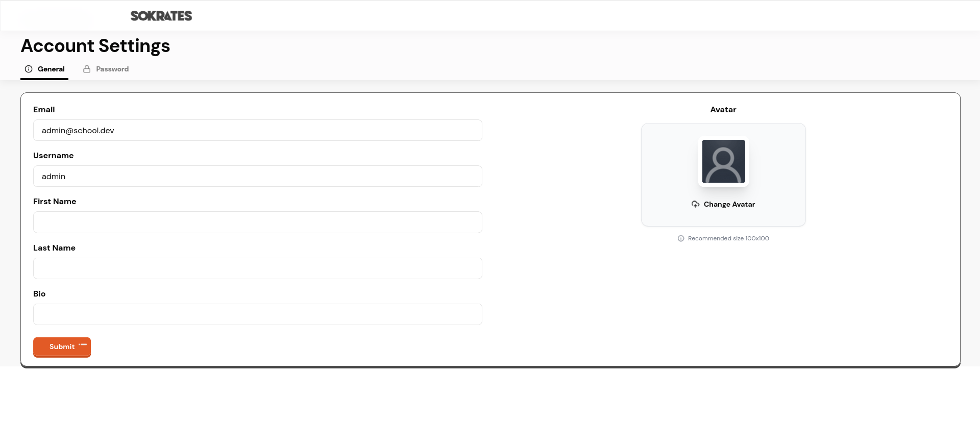 User account settings page
